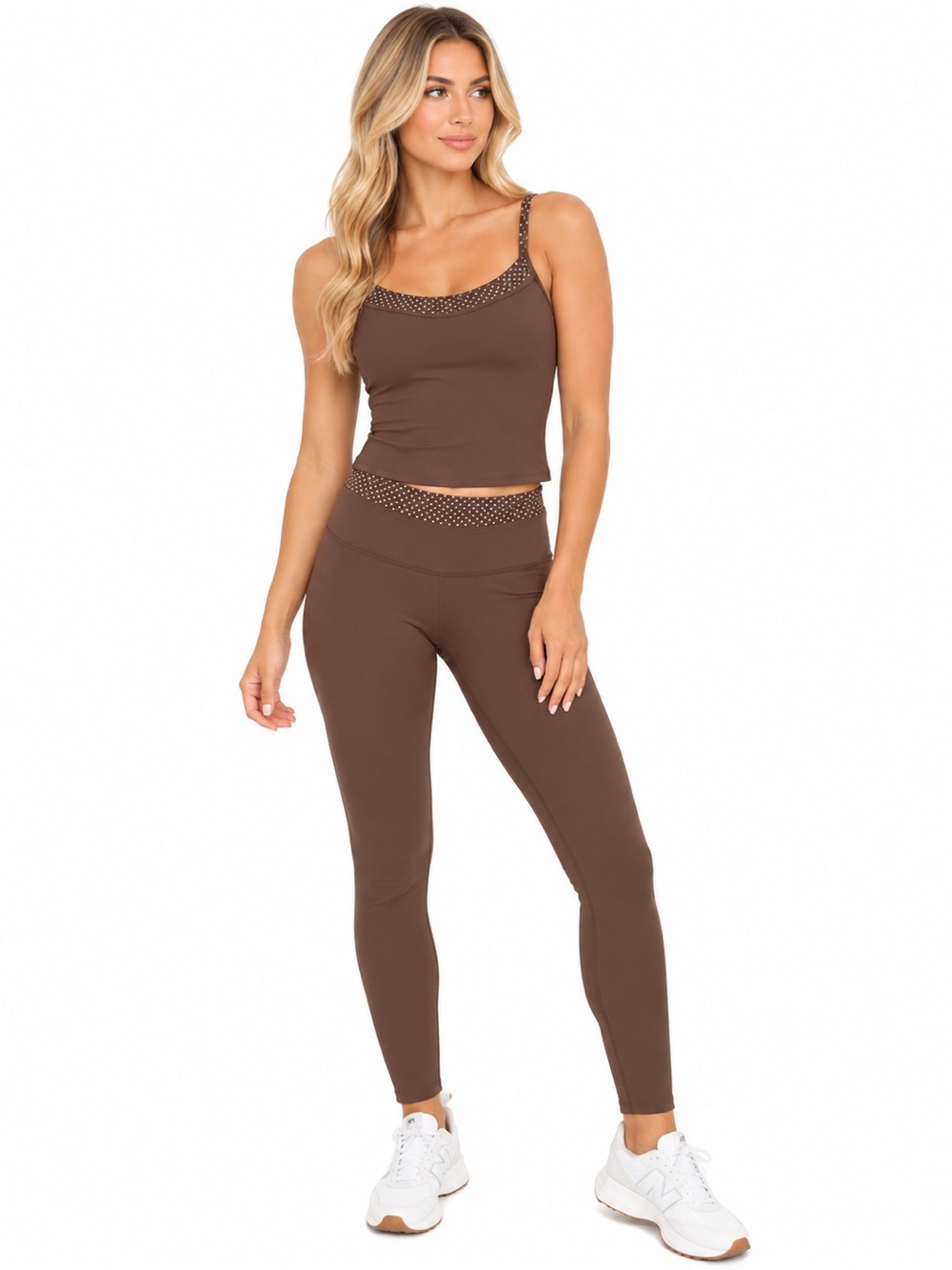 NWT Move Theology Polka Dot Brown White Workout Set Size XS Posie Similar